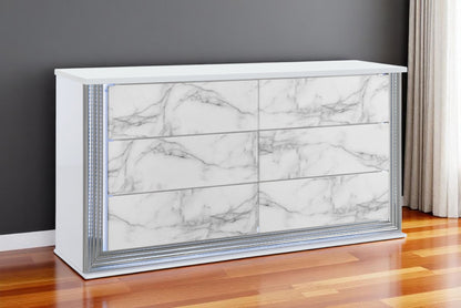 61" White Faux Marble And Wood Lighted Six Drawer Double Dresser-0
