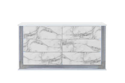 61" White Faux Marble And Wood Lighted Six Drawer Double Dresser-5