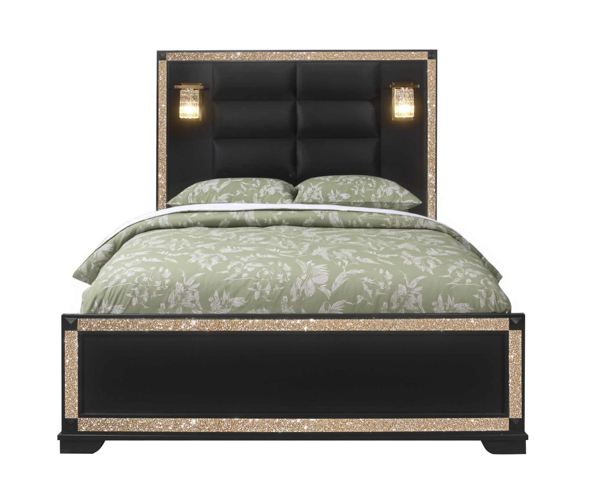 Black Faux Crystal Bling Wood And Upholstery Lighted Queen Bed Frame-1