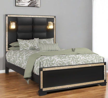 Black Faux Crystal Bling Wood And Upholstery Lighted Queen Bed Frame-0