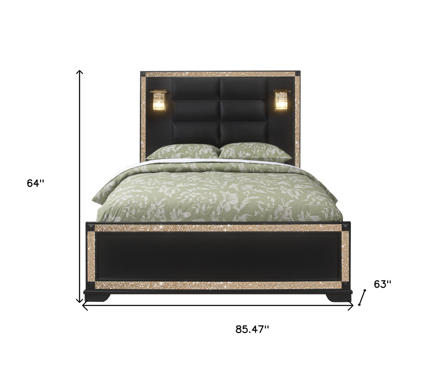 Black Faux Crystal Bling Wood And Upholstery Lighted Queen Bed Frame-6