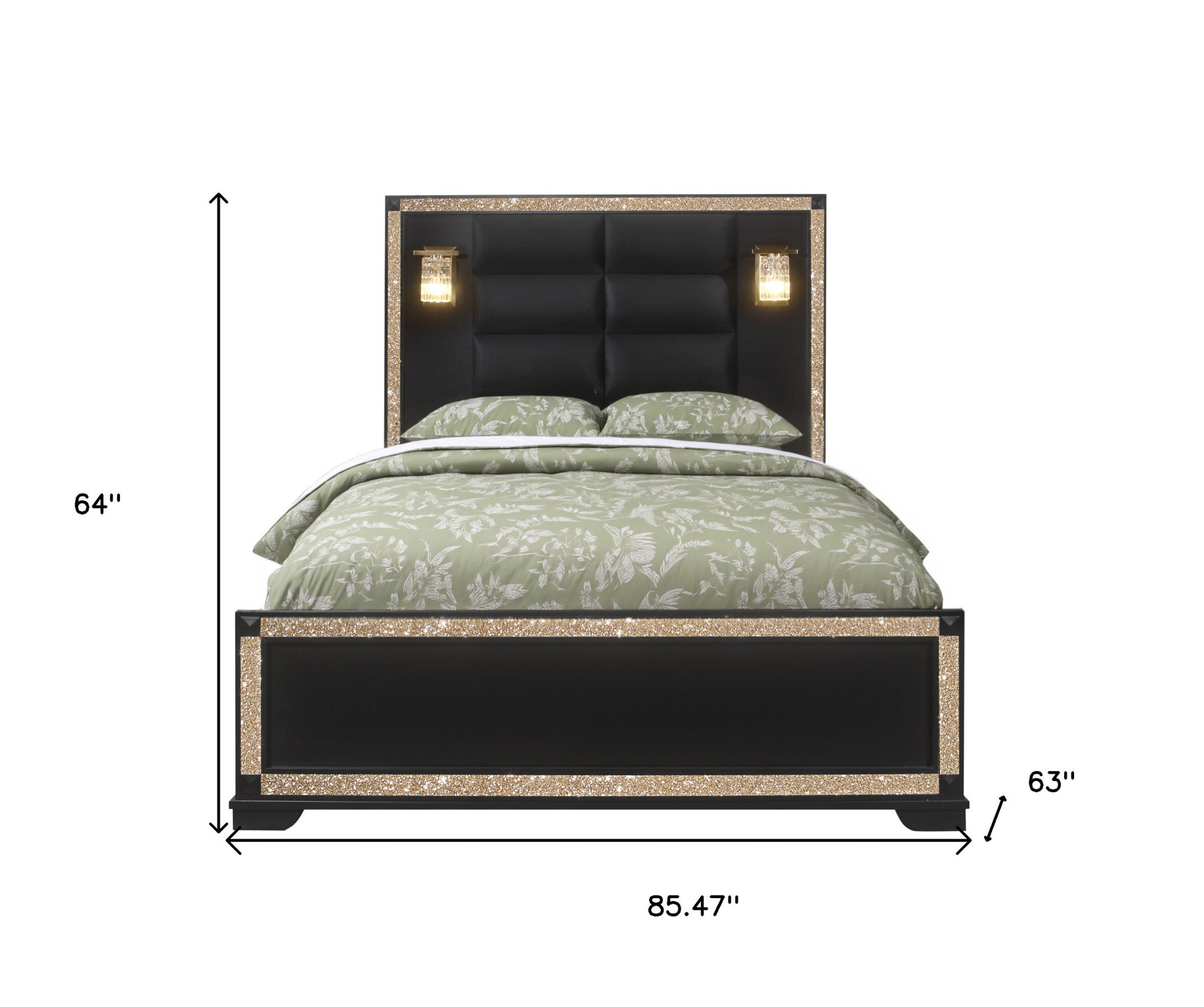 Black Faux Crystal Bling Wood And Upholstery Lighted Queen Bed Frame-6