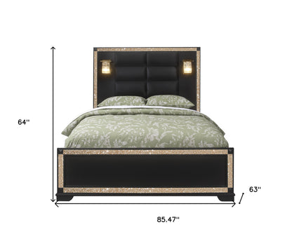 Black Faux Crystal Bling Wood And Upholstery Lighted Queen Bed Frame-6