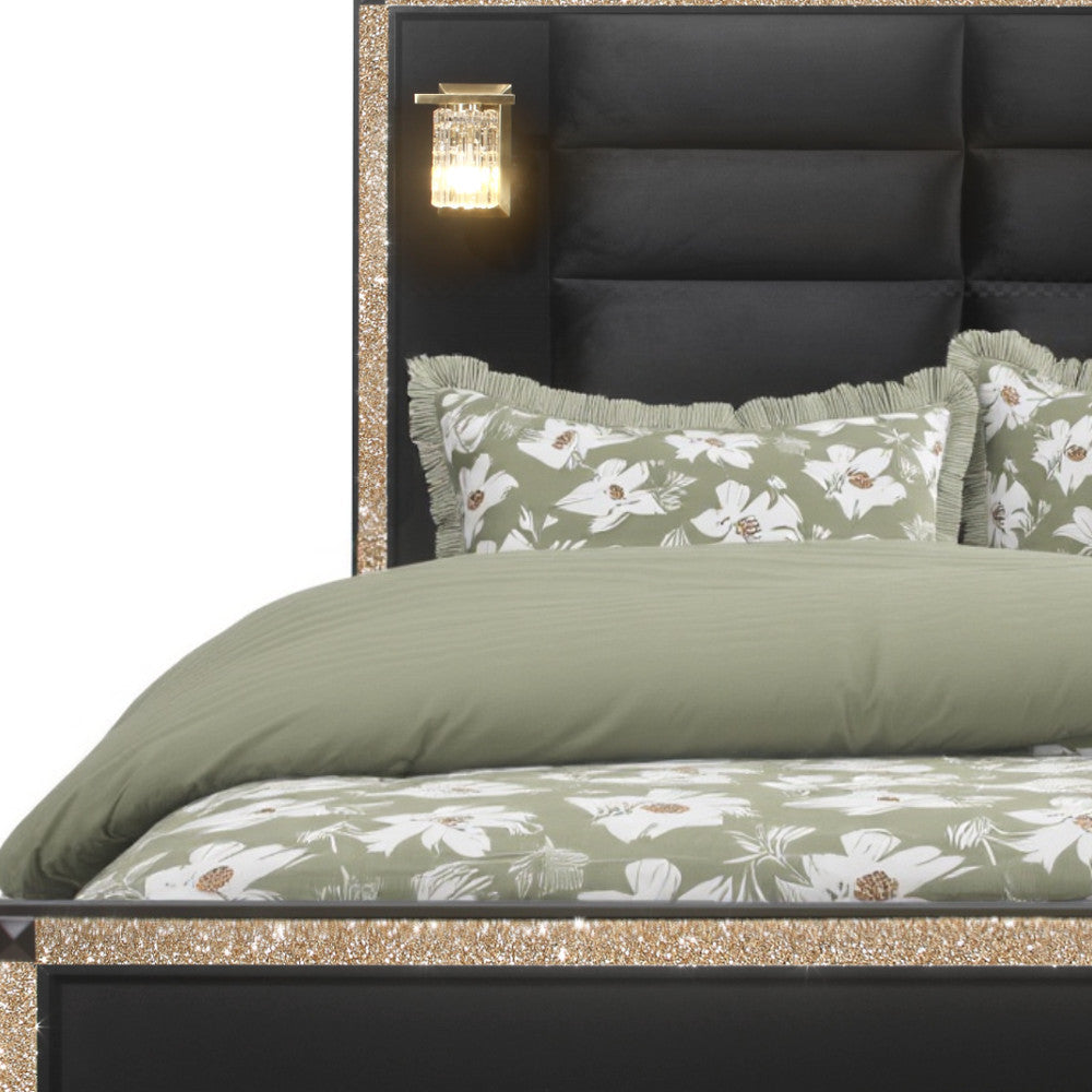 Black Faux Crystal Bling Wood And Upholstery Lighted Queen Bed Frame-3