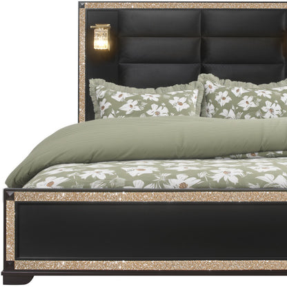 Black Faux Crystal Bling Wood And Upholstery Lighted Queen Bed Frame-4