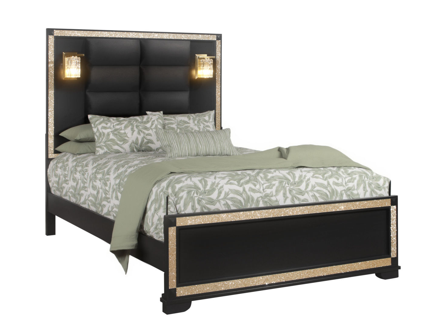 Black Faux Crystal Bling Wood And Upholstery Lighted Queen Bed Frame-2