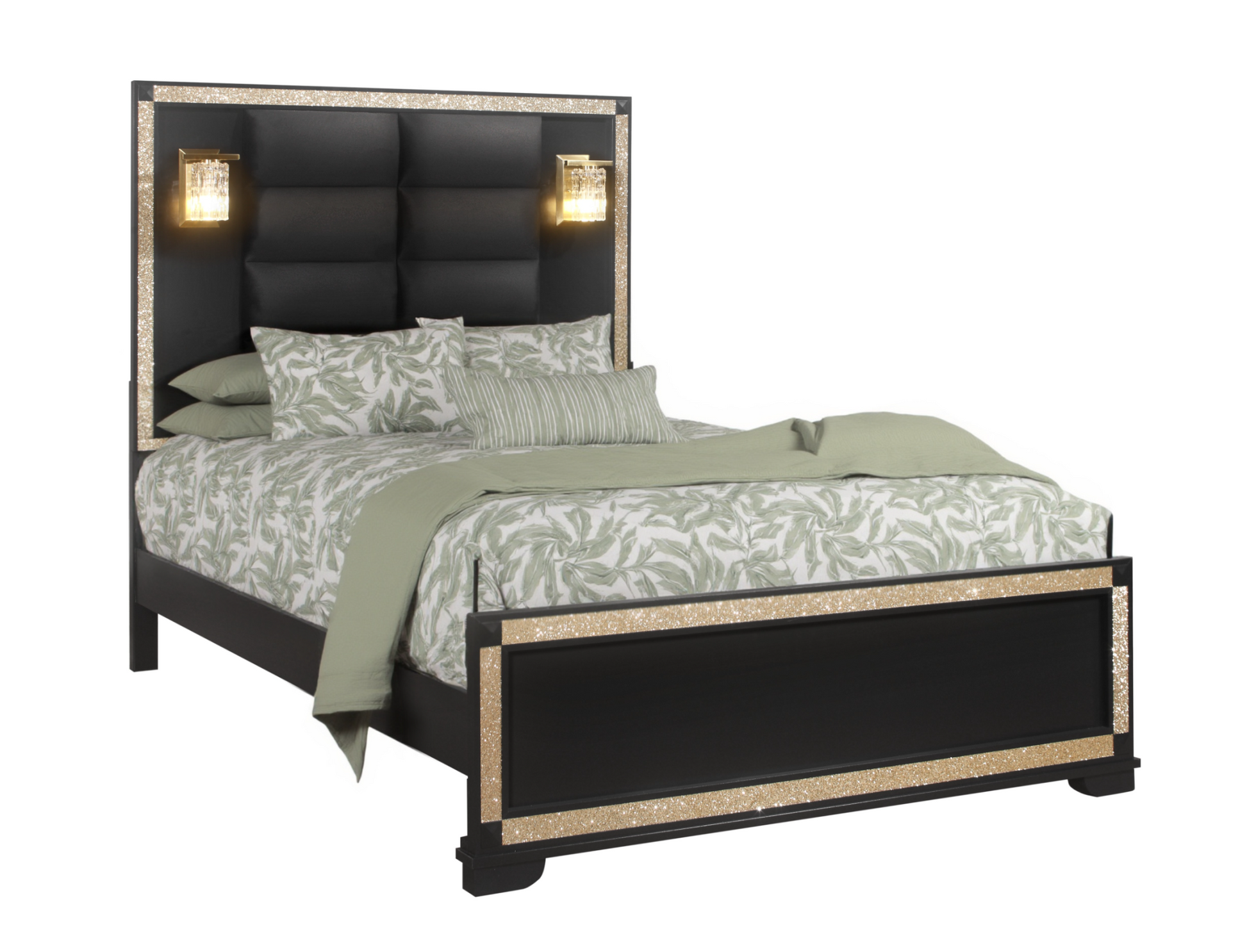 Black Faux Crystal Bling Wood And Upholstery Lighted Queen Bed Frame-2