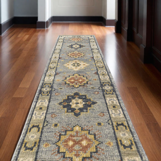 12' Gray Blue and Taupe Wool Geometric Hand Knotted Runner Rug With Fringe-0