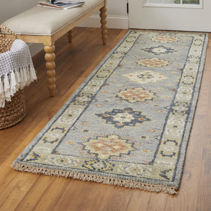 12' Gray Blue and Taupe Wool Geometric Hand Knotted Runner Rug With Fringe-5