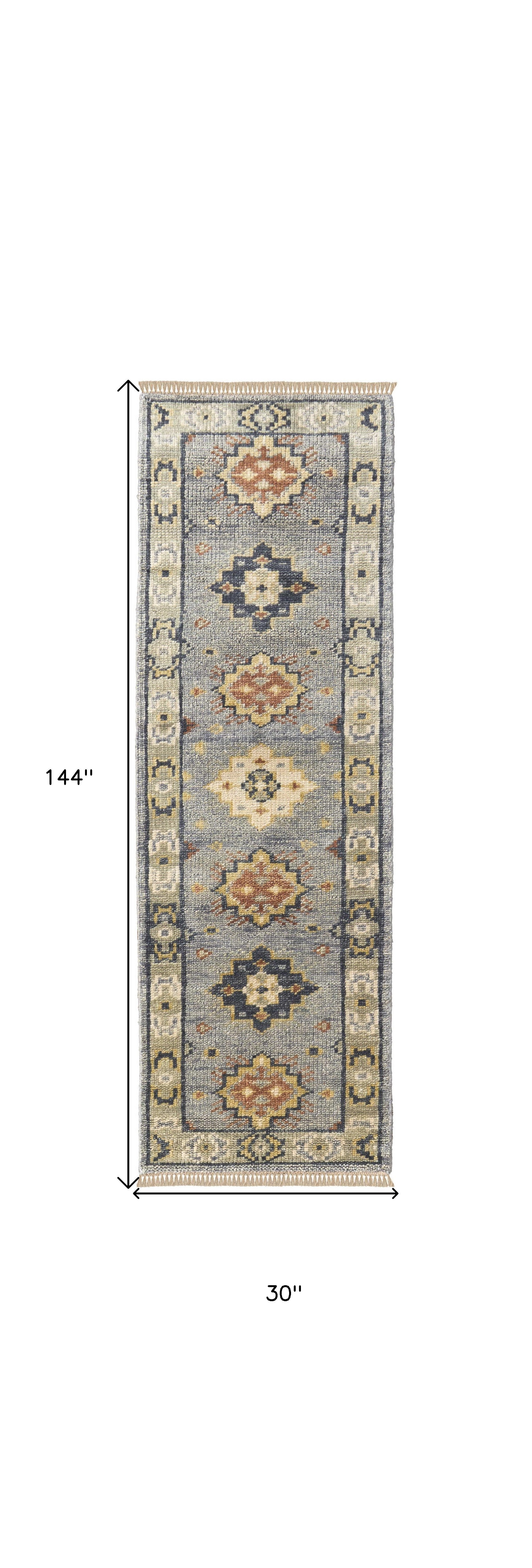 12' Gray Blue and Taupe Wool Geometric Hand Knotted Runner Rug With Fringe-2