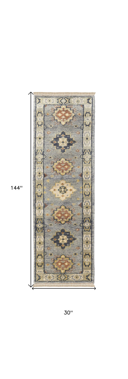 12' Gray Blue and Taupe Wool Geometric Hand Knotted Runner Rug With Fringe-2