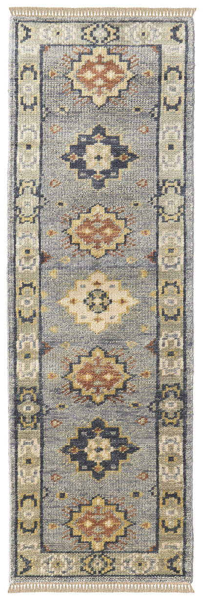 12' Gray Blue and Taupe Wool Geometric Hand Knotted Runner Rug With Fringe-1