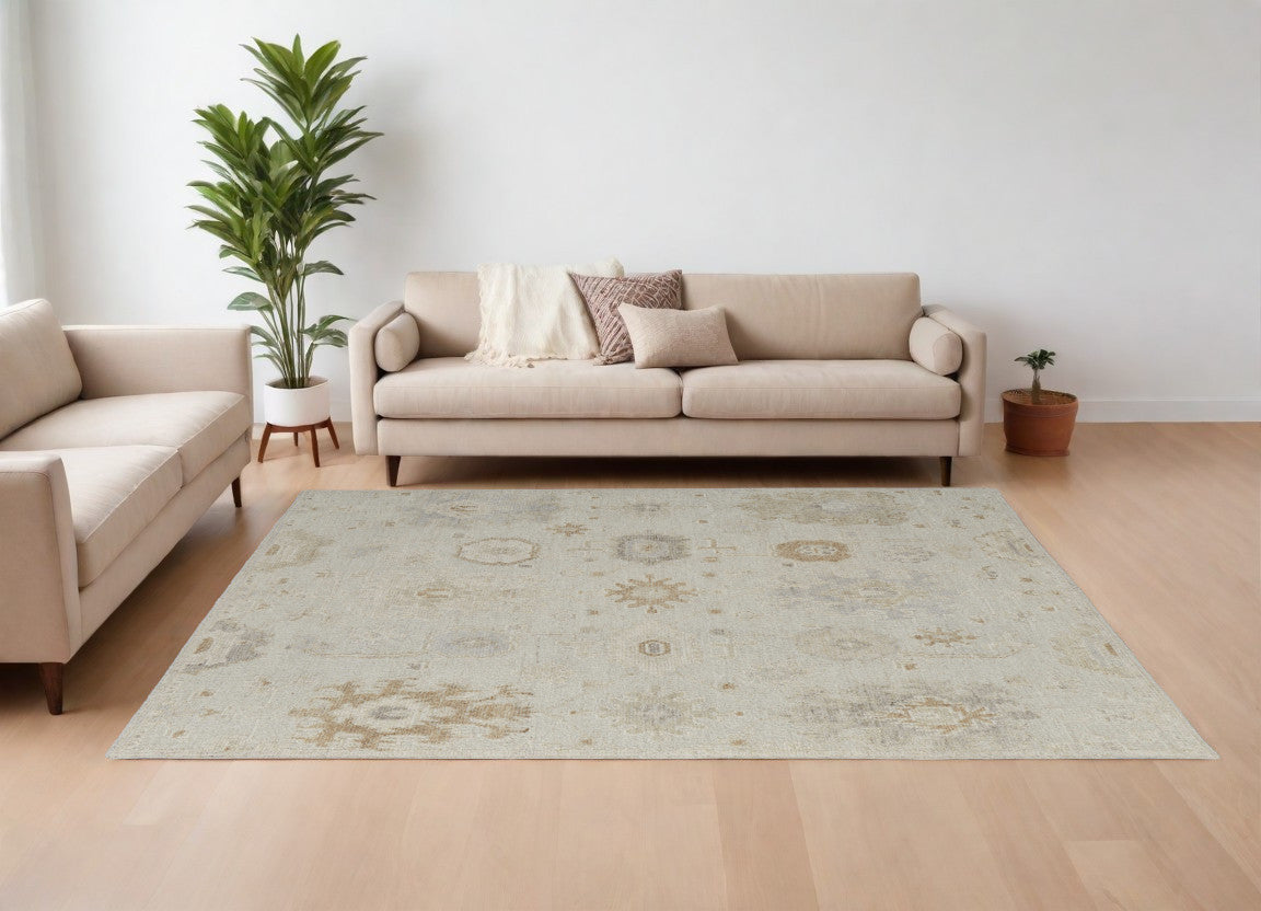 8' X 10' Tan and Gray Wool Floral Hand Knotted Area Rug-0