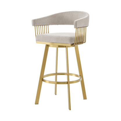 26" Taupe and Gold Fabric and Stainless Steel Low Back Counter Height Swivel Bar Chair-4