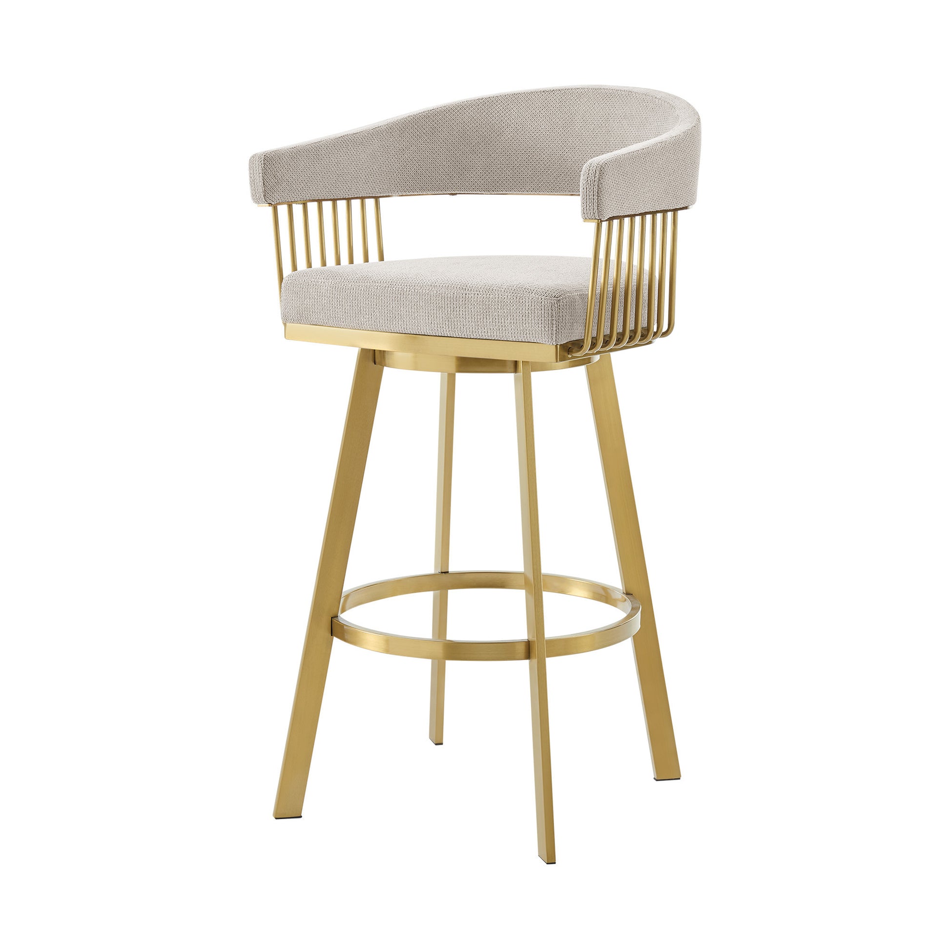 26" Taupe and Gold Fabric and Stainless Steel Low Back Counter Height Swivel Bar Chair-5