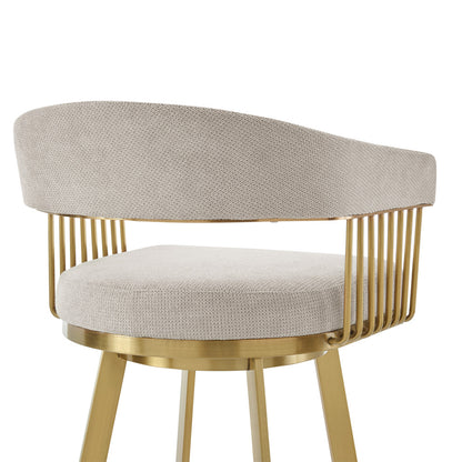 26" Taupe and Gold Fabric and Stainless Steel Low Back Counter Height Swivel Bar Chair-7