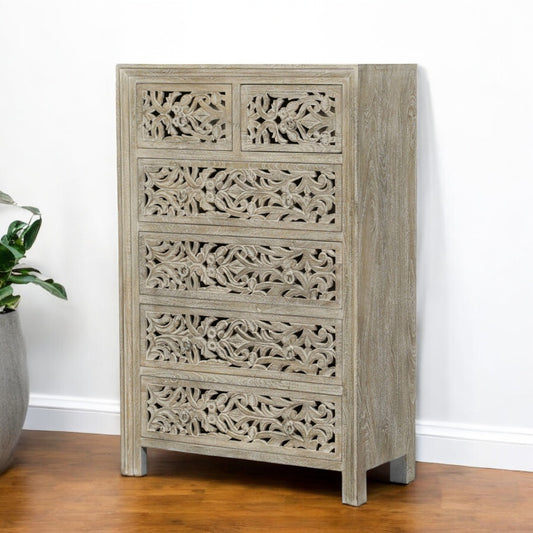 35" Gray Carved Floral Solid Wood Six Drawer Dresser-0