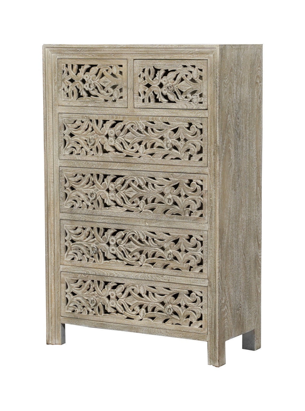 35" Gray Carved Floral Solid Wood Six Drawer Dresser-6