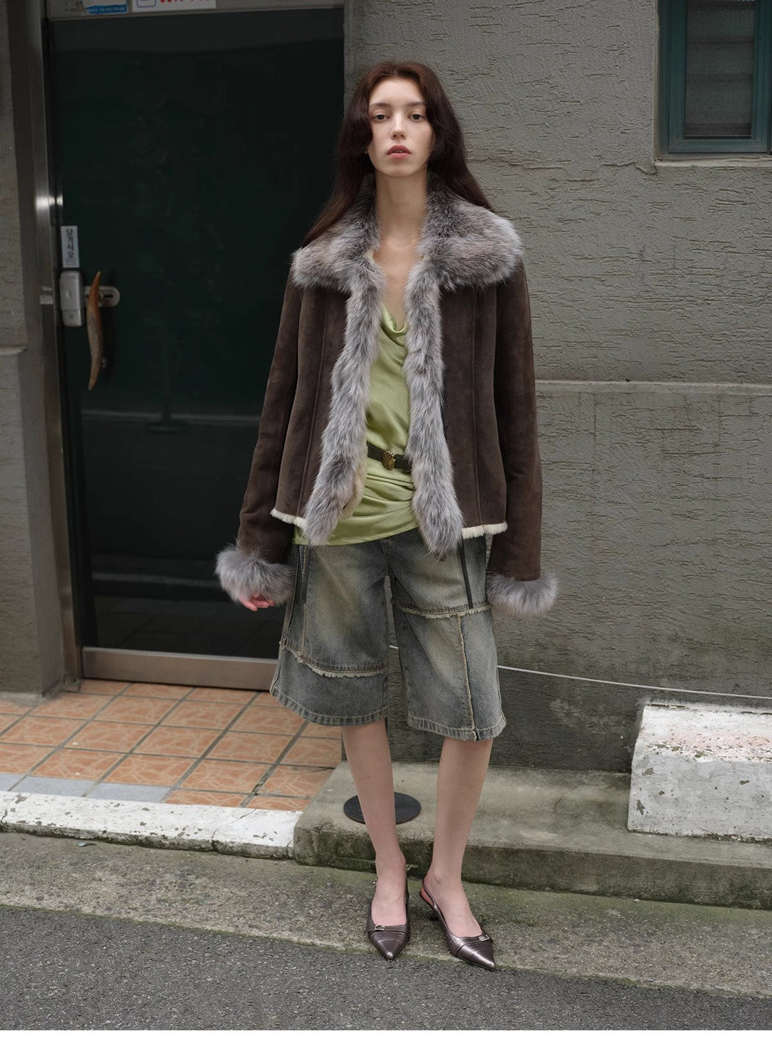 "Florence" imported merino wool sheepskin patchwork fox fur collar fur coat winter-0