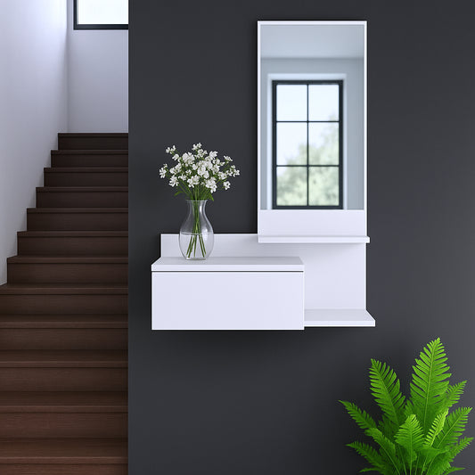 36" White Wood Wall Mounted Accent Cabinet With Drawer And Mirror-0