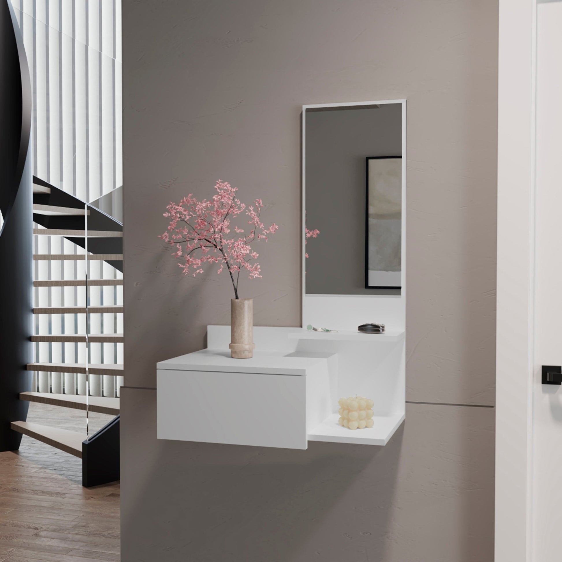 36" White Wood Wall Mounted Accent Cabinet With Drawer And Mirror-5