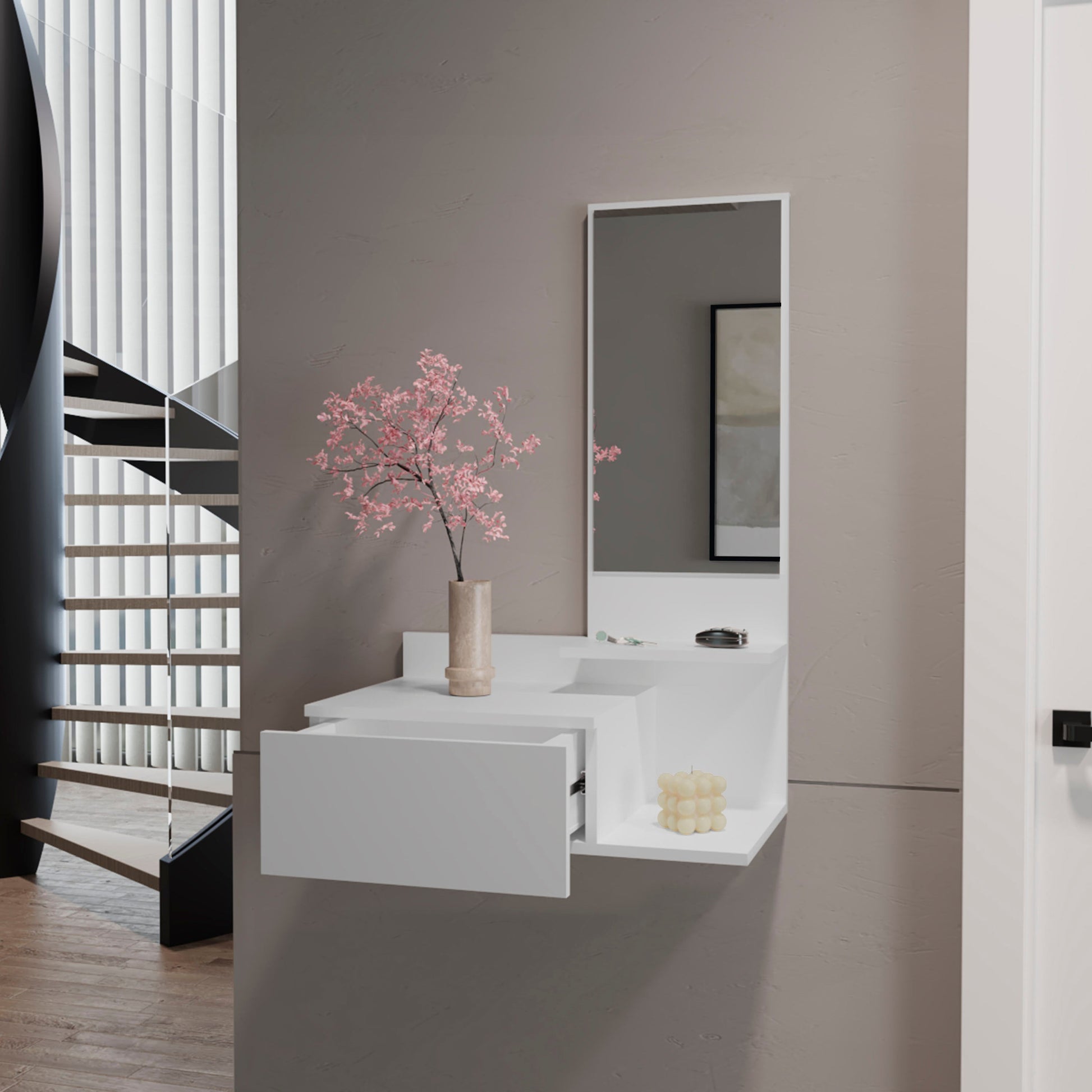 36" White Wood Wall Mounted Accent Cabinet With Drawer And Mirror-6