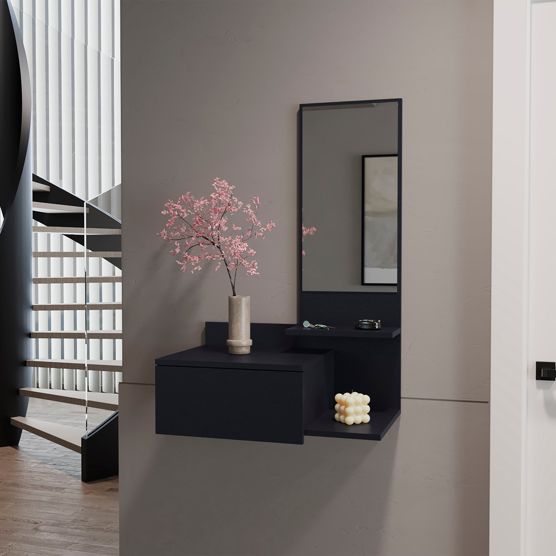 36" Black Wood Wall Mounted Accent Cabinet With Drawer And Mirror-5