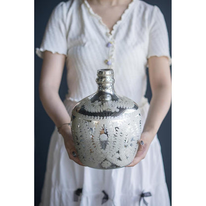 10" Silver Floral Round Glass Table Vase-6