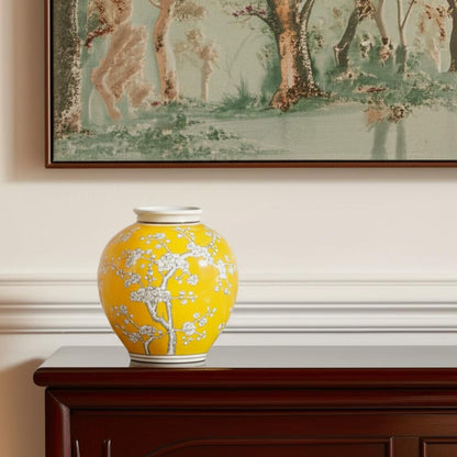 9" Yellow And White Floral Round Porcelain Table Vase-0