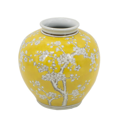 9" Yellow And White Floral Round Porcelain Table Vase-1