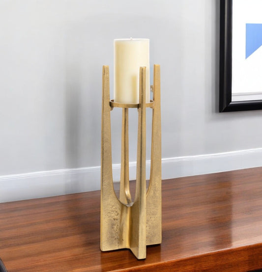 16" Gold Distressed Aluminum Geometric Tabletop Pillar Candle Holder-0