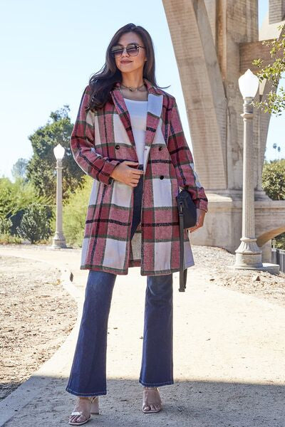 Double Take Full Size Plaid Button Up Lapel Collar Coat-9