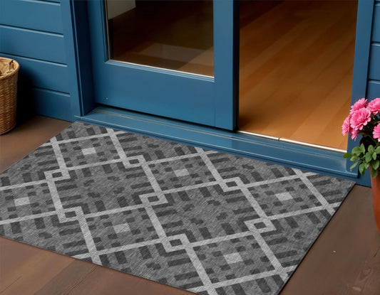 3' X 5' Charcoal Gray And Silver Geometric Washable Indoor Outdoor Area Rug-0