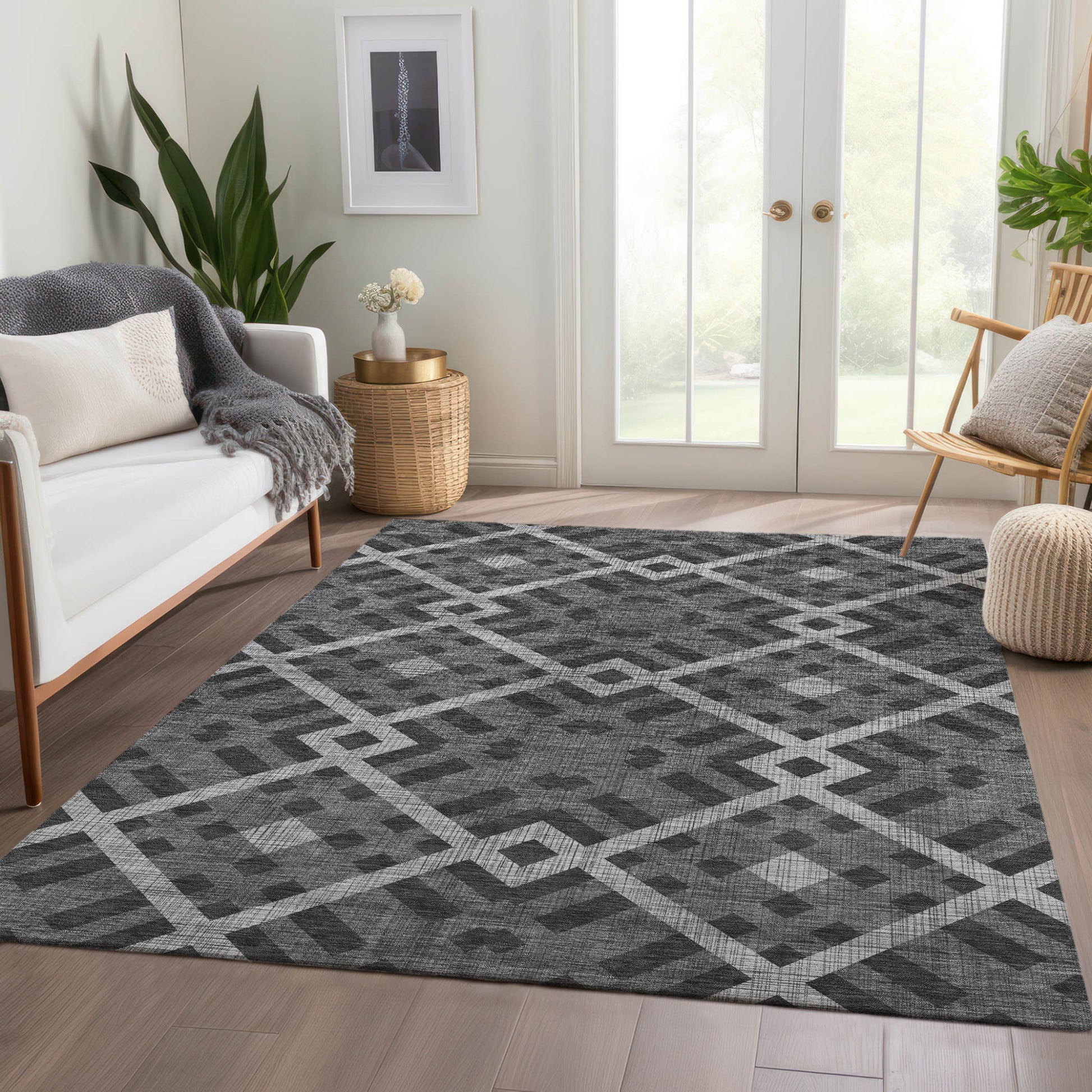 3' X 5' Charcoal Gray And Silver Geometric Washable Indoor Outdoor Area Rug-6