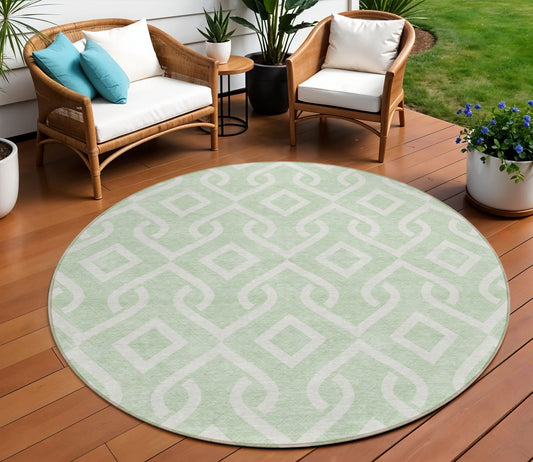 8' Mint Green And Ivory Round Geometric Washable Indoor Outdoor Area Rug-0