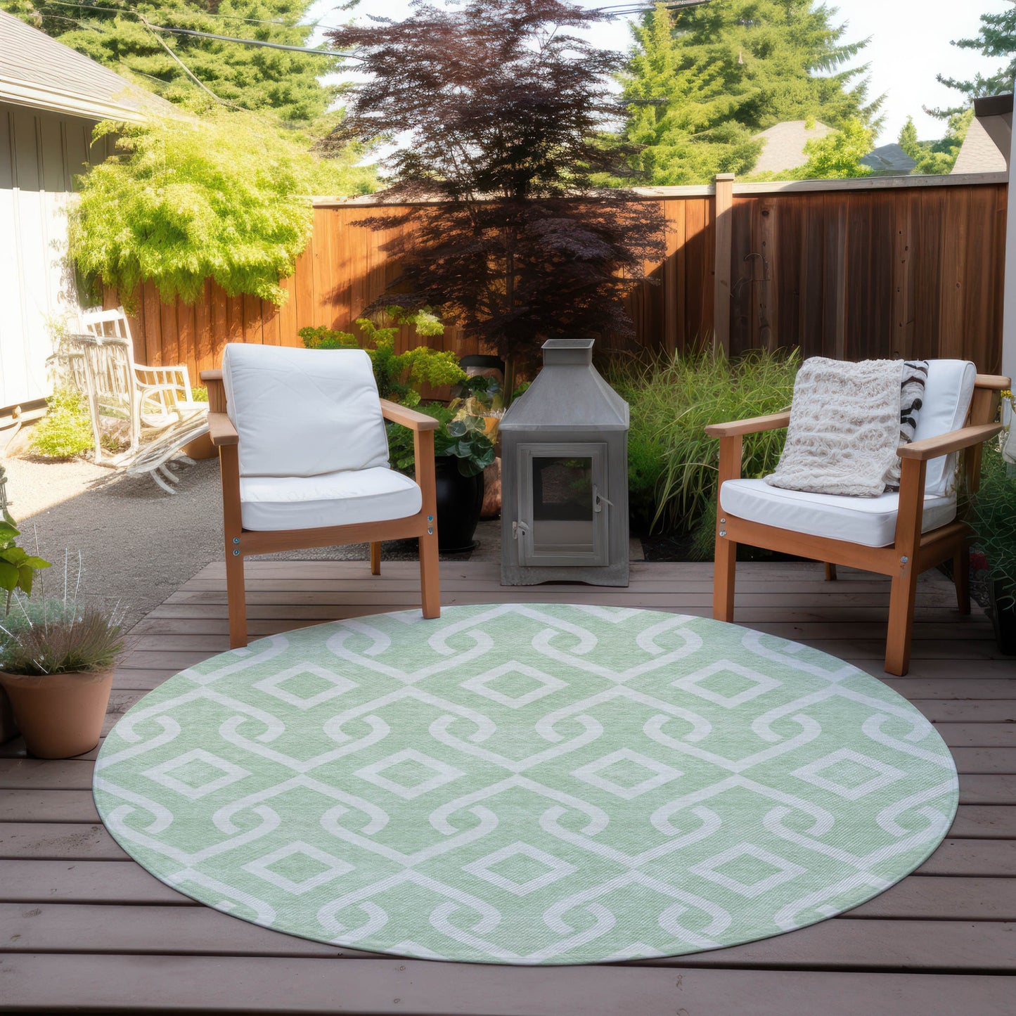 8' Mint Green And Ivory Round Geometric Washable Indoor Outdoor Area Rug-6