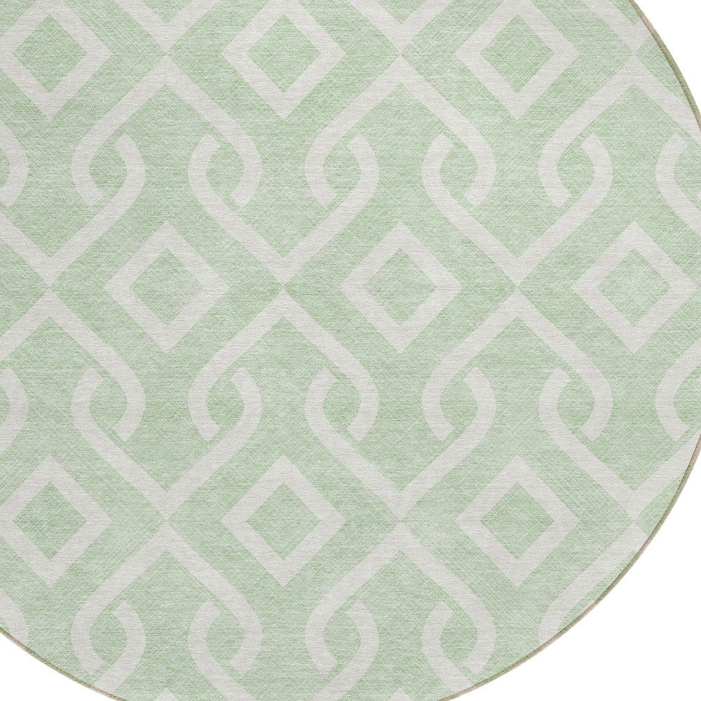 8' Mint Green And Ivory Round Geometric Washable Indoor Outdoor Area Rug-5