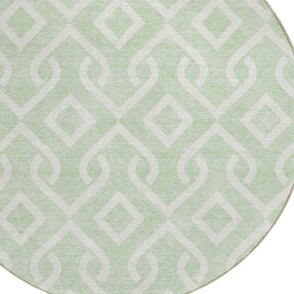 8' Mint Green And Ivory Round Geometric Washable Indoor Outdoor Area Rug-5