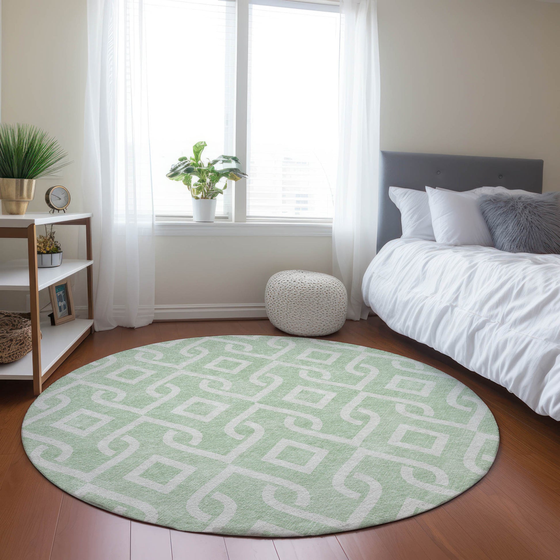 8' Mint Green And Ivory Round Geometric Washable Indoor Outdoor Area Rug-7