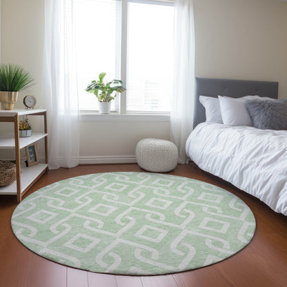 8' Mint Green And Ivory Round Geometric Washable Indoor Outdoor Area Rug-7