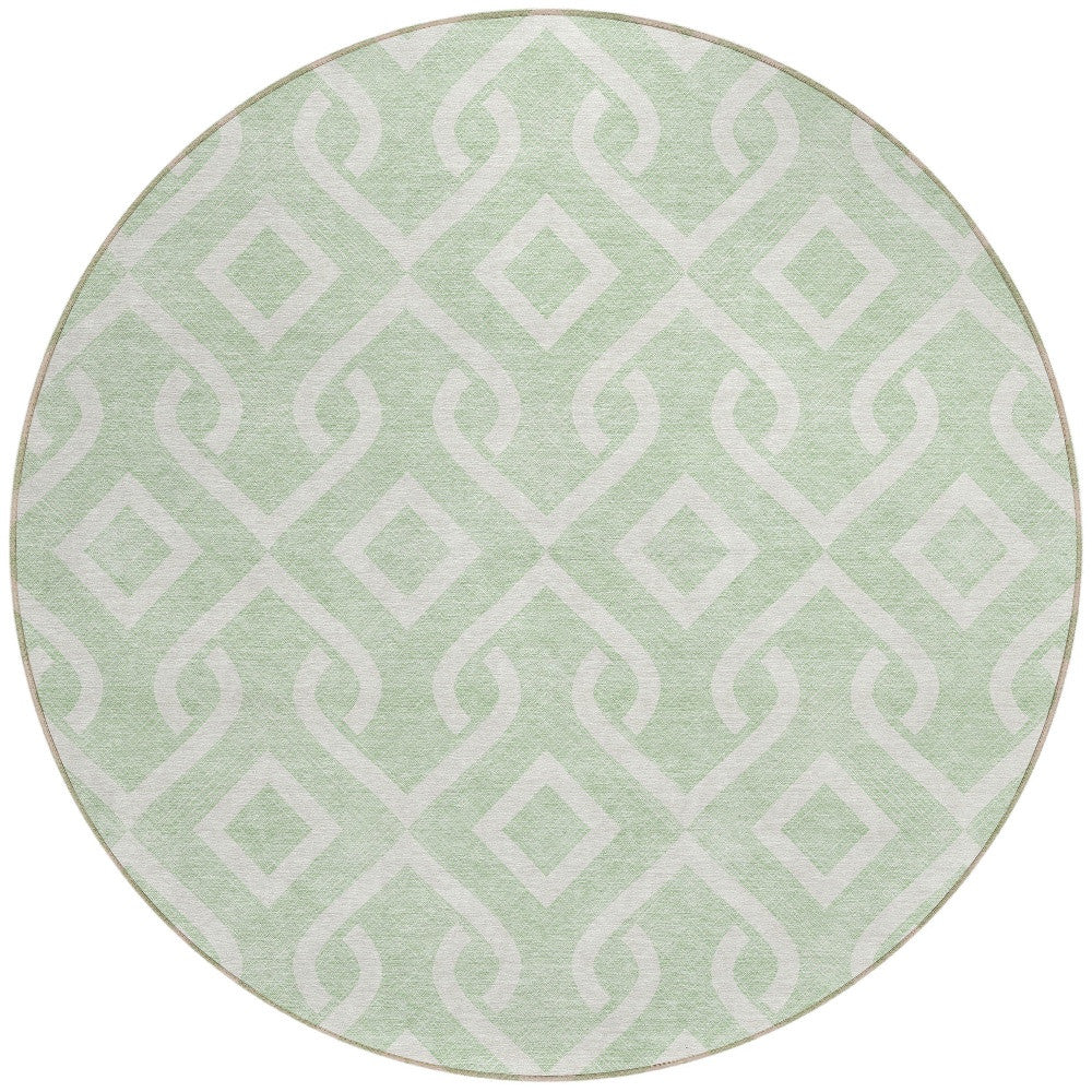 8' Mint Green And Ivory Round Geometric Washable Indoor Outdoor Area Rug-4