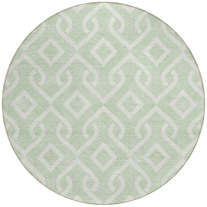 8' Mint Green And Ivory Round Geometric Washable Indoor Outdoor Area Rug-4