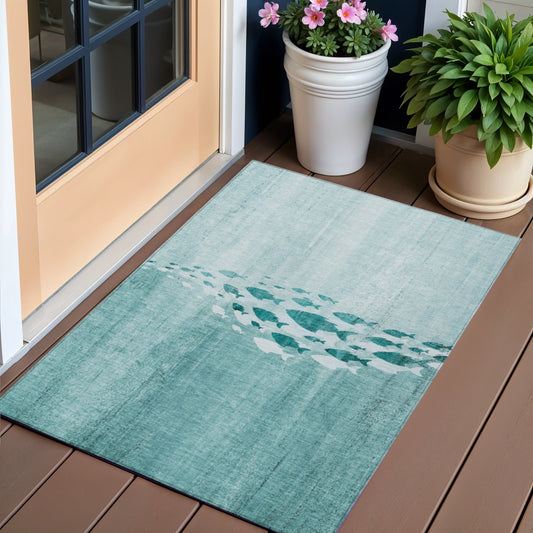 3' X 5' Teal Blue Aqua And Ivory Nautical Washable Indoor Outdoor Area Rug-0