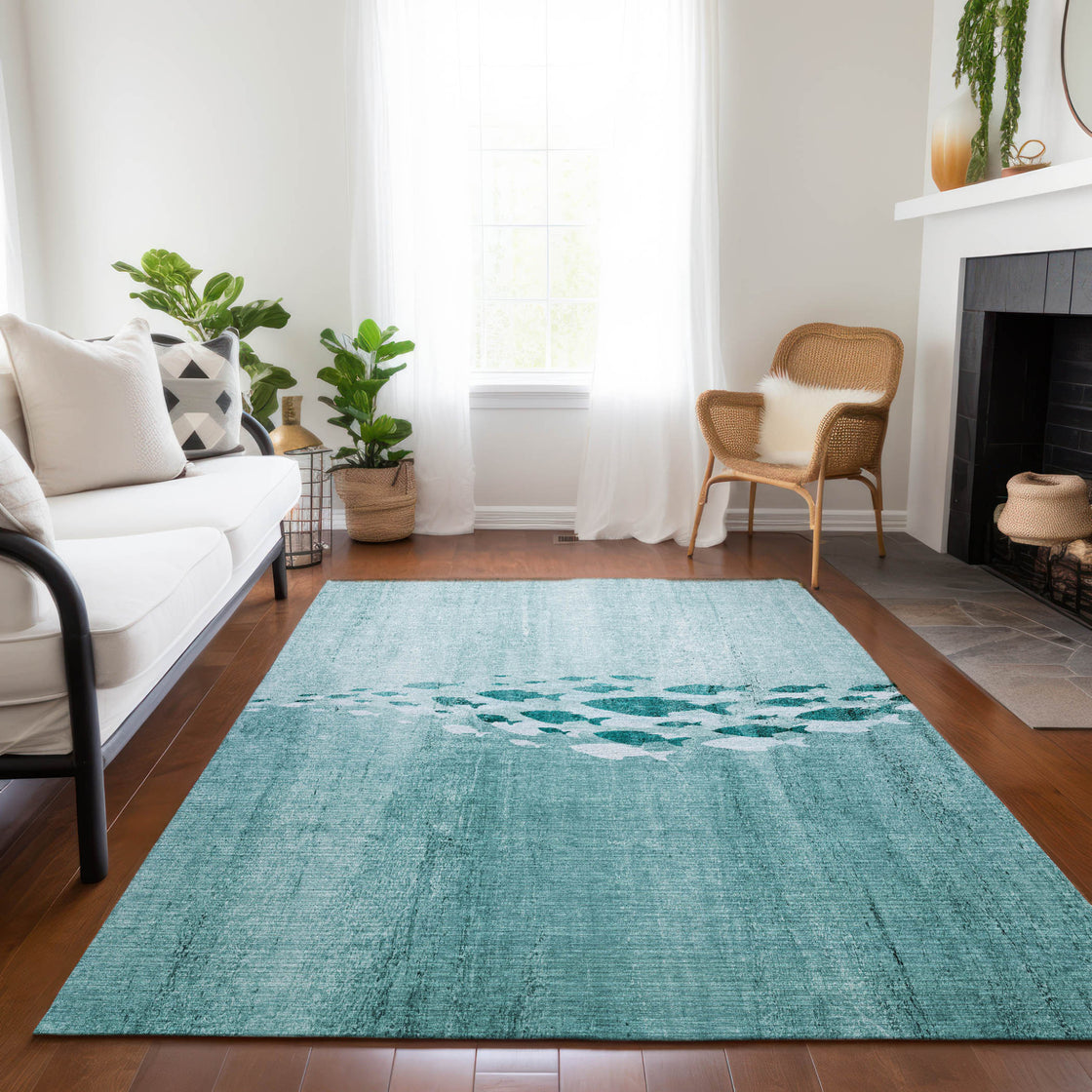 3' X 5' Teal Blue Aqua And Ivory Nautical Washable Indoor Outdoor Area Rug-7