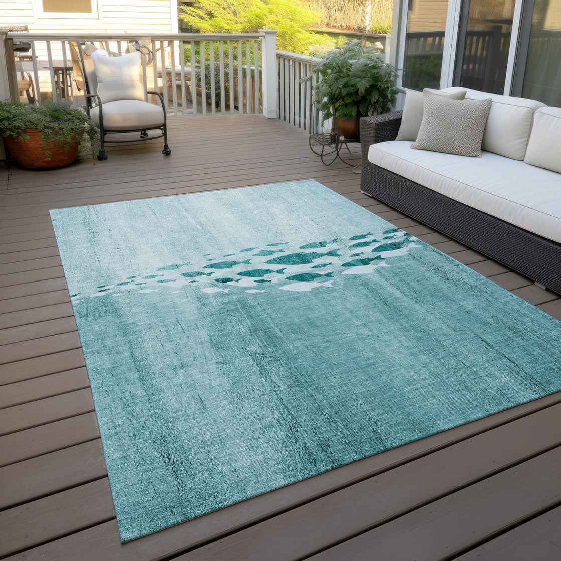 3' X 5' Teal Blue Aqua And Ivory Nautical Washable Indoor Outdoor Area Rug-8