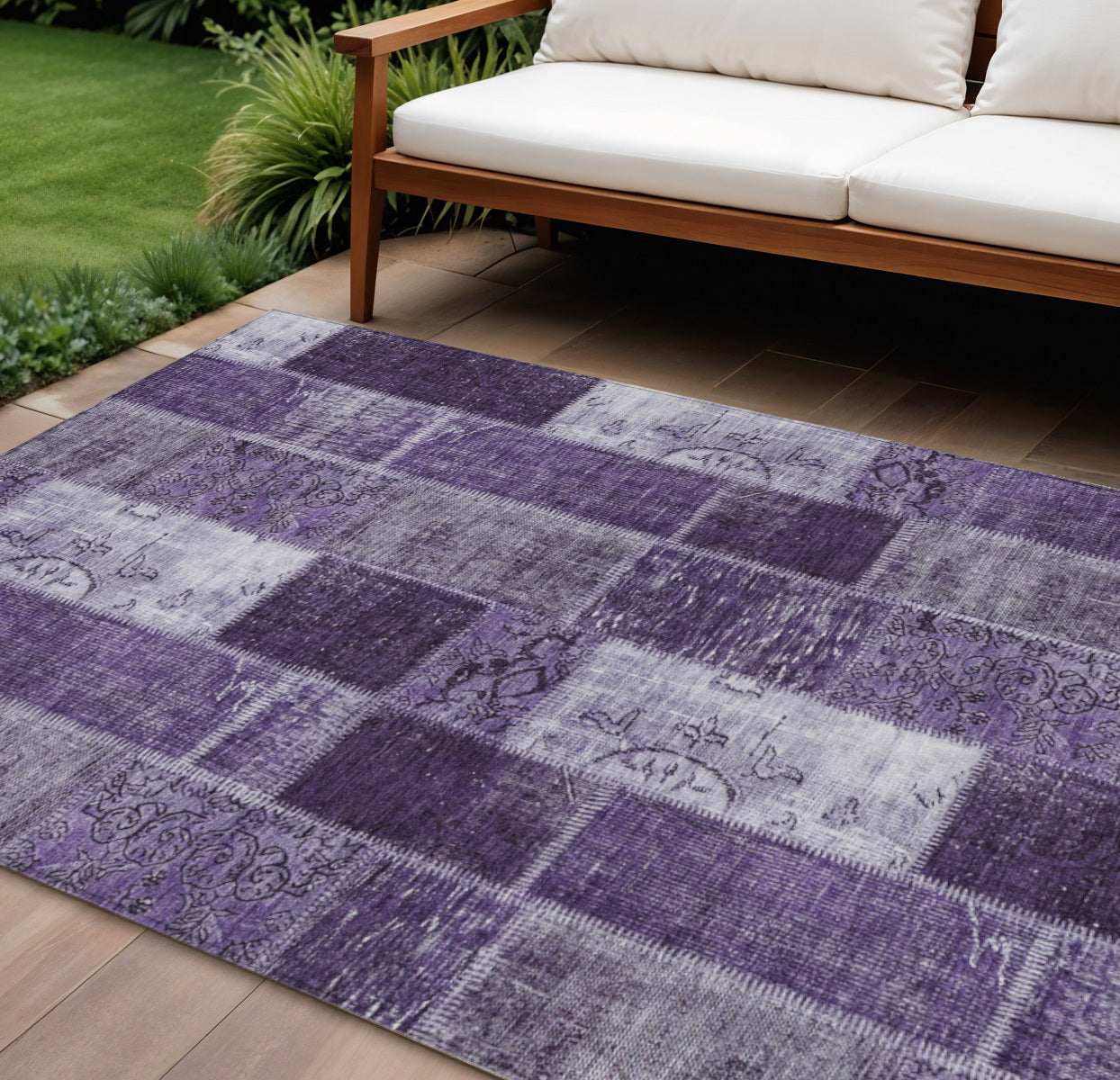 8' X 10' Purple Eggplant And Lavender Patchwork Washable Indoor Outdoor Area Rug-0