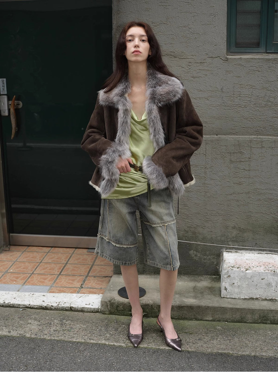"Florence" imported merino wool sheepskin patchwork fox fur collar fur coat winter-4