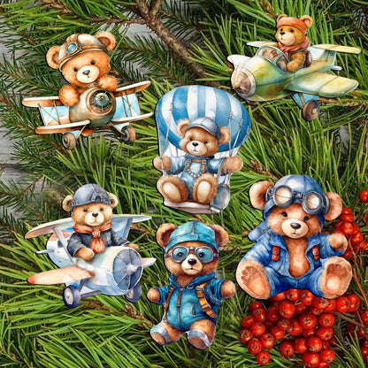 Aviator Teddy Bear Decorative Wooden Clip-on Ornaments of 6 by G. Debrekht - Christmas Decor - 8090010C-S6-2