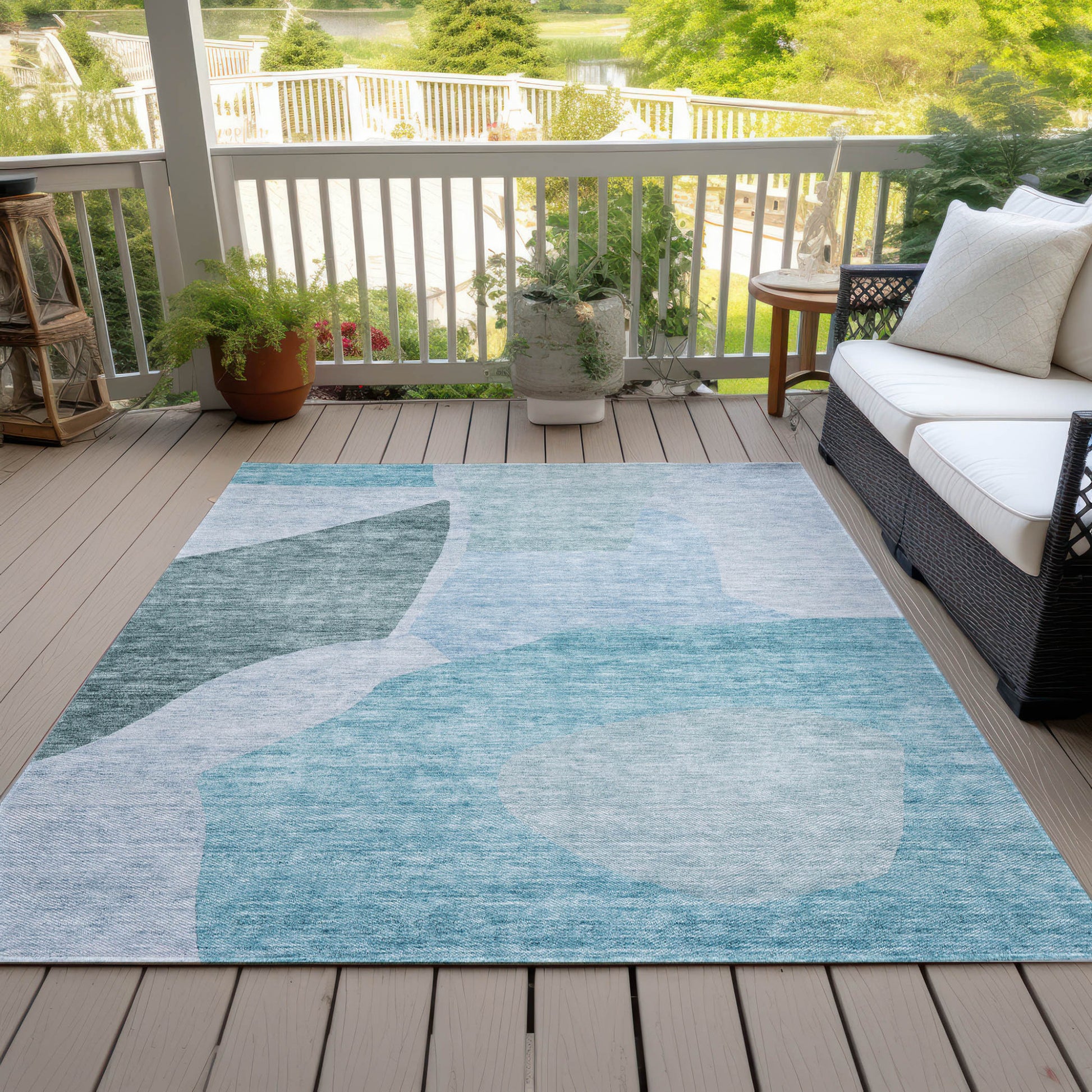 3' X 5' Teal Blue Artichoke Green And Blue Abstract Washable Indoor Outdoor Area Rug-6