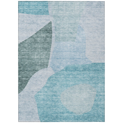 3' X 5' Teal Blue Artichoke Green And Blue Abstract Washable Indoor Outdoor Area Rug-1